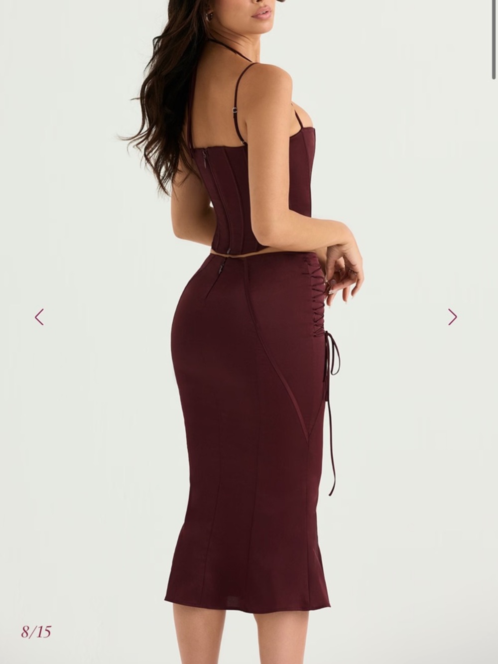 House of CB Sidonie Wine Satin Lace Up Midi Skirt size S - Picture 3 of 12